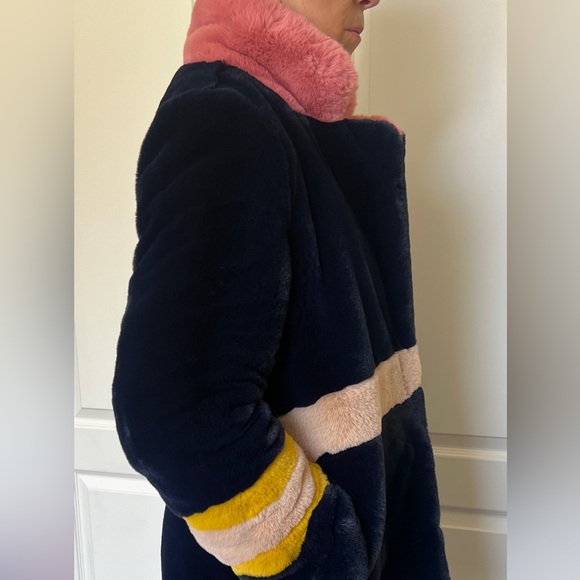 Apparis Navy with contrast pink, beige and gold faux fur jacket. - Picture 2 of 6